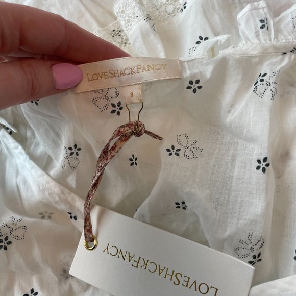 LoveShackFancy Azura Mini Dress White Deep V-neck Puff Sleeves Ruffled Skirt - Picture 4 of 13